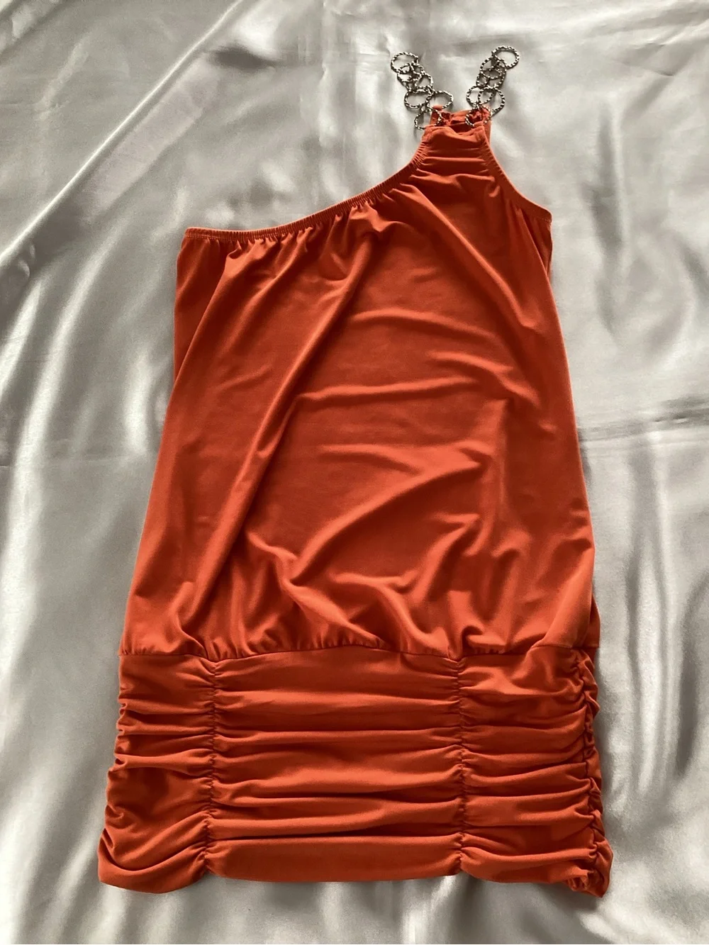 One-Shoulder Chain Strap Tangerine Ruched Top - Picture 1 of 3